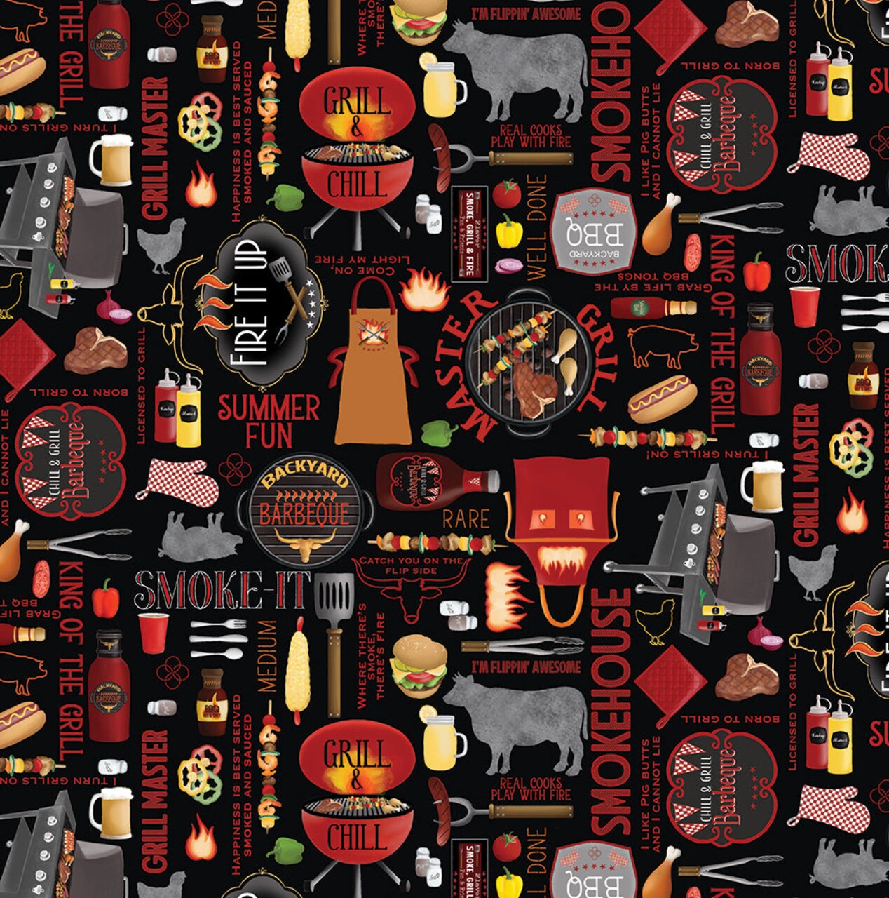 Fabric Benartex Black Backyard BBQ Hot Stuff by the Quarter Yard 15091-12